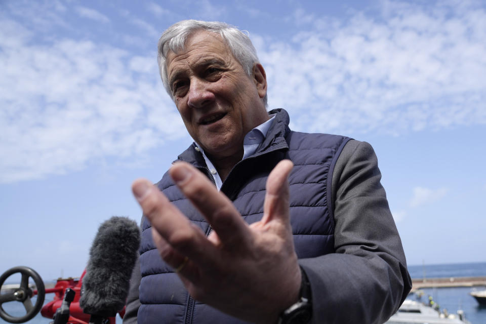 Italian Foreign Minister Antonio Tajani speaks during an interview with The Associated Press as he arrives for a G7 Foreign Ministers meeting in the Italian southern island of Capri, Wednesday, April 17, 2024. The Group of Seven foreign ministers are meeting on the Italian resort island of Capri, with soaring tensions in the Mideast and Russia's continuing war in Ukraine topping the agenda. The meeting runs April 17-19. (AP Photo/Gregorio Borgia)