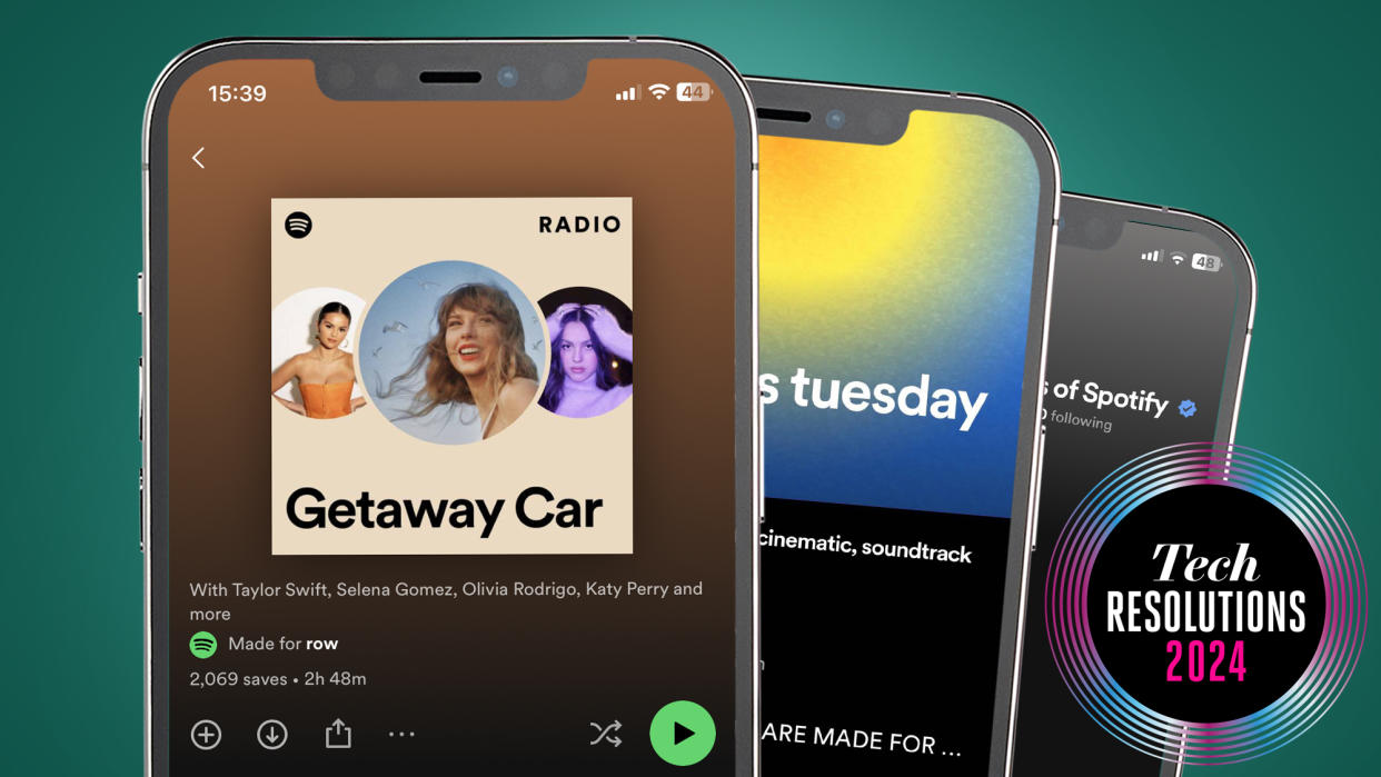  Three phones on a green background showing the Spotify app. 