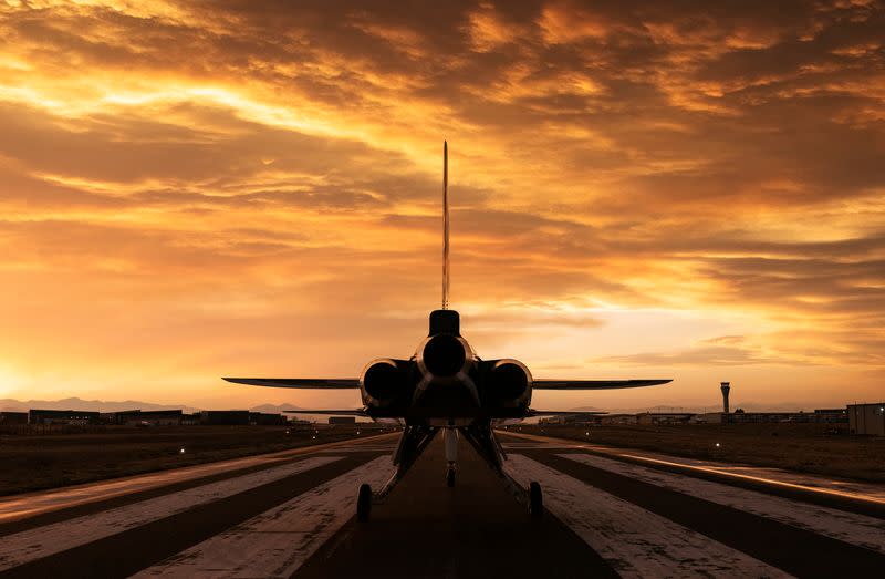 Boom Supersonic’s demonstrator aircraft XB-1 is seen parked at an airfield in Denver