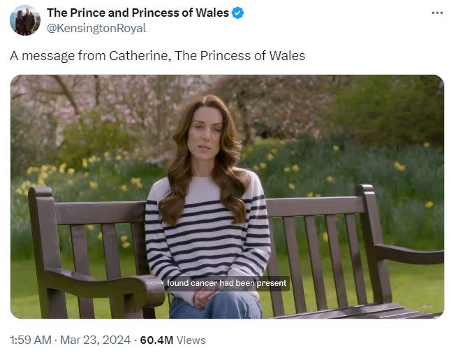 凱特王妃今日凌晨宣布罹癌消息，短短9小時，就湧入超過6000萬人按讚，幫她加油打氣。（圖／翻攝自X）