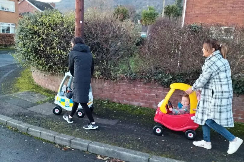 Babies Noah and Isla being pushed in their Tike cars on the day Annie was killed