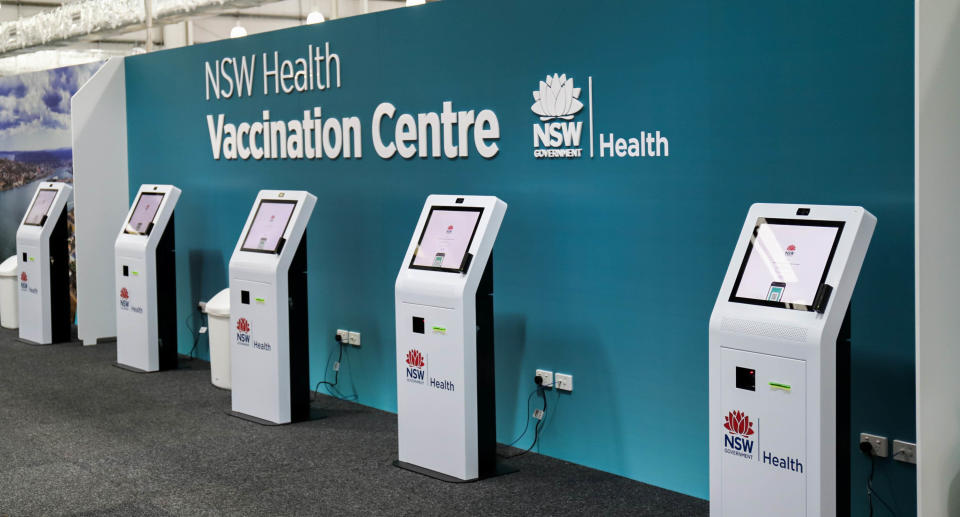 A supplied image obtained on Monday, July 19, 2021, shows inside the newly opened mass vaccination centre in Belmont, Lake Macquarie. The mass vaccination centre in Belmont, Lake Macquarie. Source: AAP