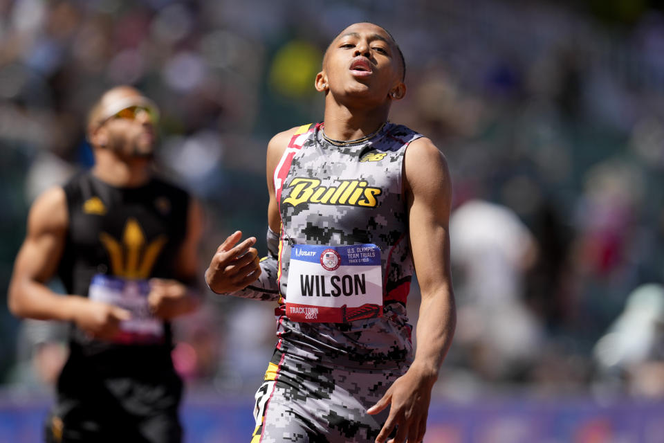 Quincy Wilson wins a heat men's 400-meter run during the U.S. Track and Field Olympic Team Trials Friday, June 21, 2024, in Eugene, Ore. (AP Photo/Charlie Neibergall)