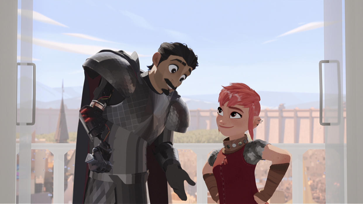  Ballister Blackheart and Nimona chat on a sunny day in the latter's self-titled film. 