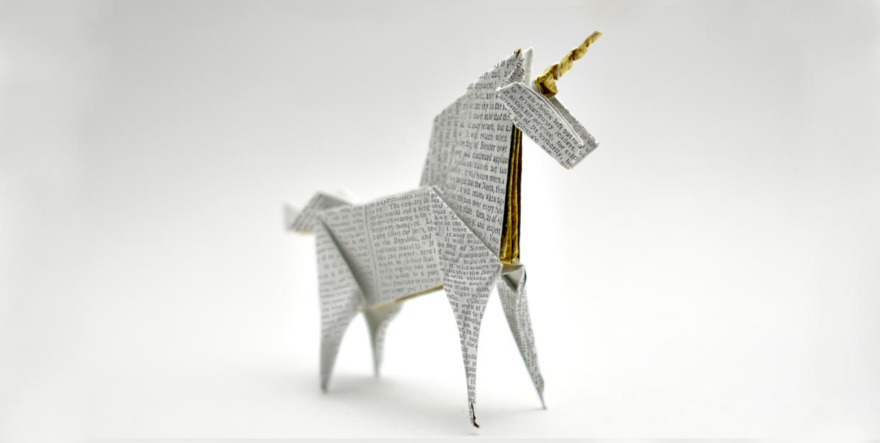  An origami unicorn made of New York Times articles, referencing Blade Runner 