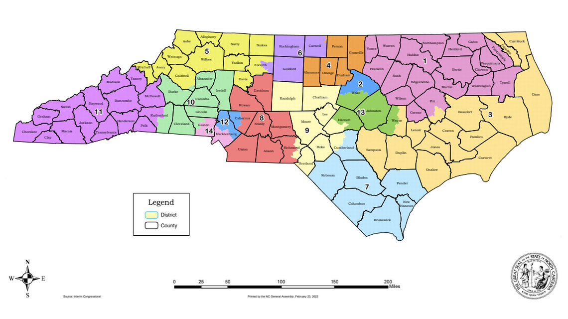 The congressional map to be used in U.S. House elections in North Carolina in 2022. A three-judge panel enacted the map on Feb. 23, 2022.