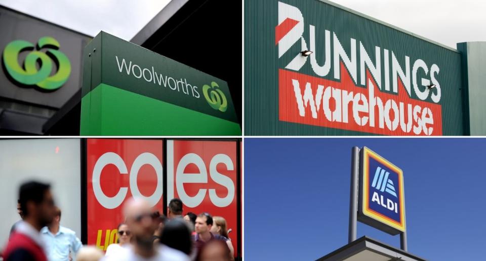 Woolworths, Bunnings, Aldi and Coles signs