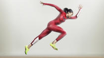 In this handout photo from Nike, Allyson Felix wears the USA Nike Pro TurboSpeed suit, made from recycled plastic bottles. (Photo by Nike via Getty Images)