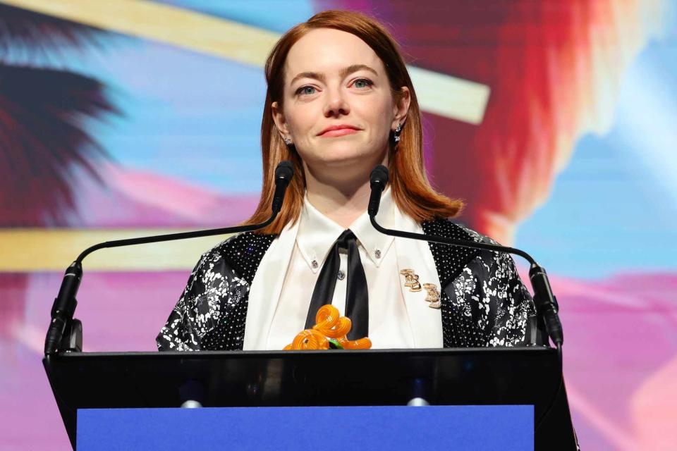 <p>Matt Winkelmeyer/Getty</p> Emma Stone accepts the Desert Palm Achievement Award during the Palm Springs International Film Awards on Jan. 4, 2024