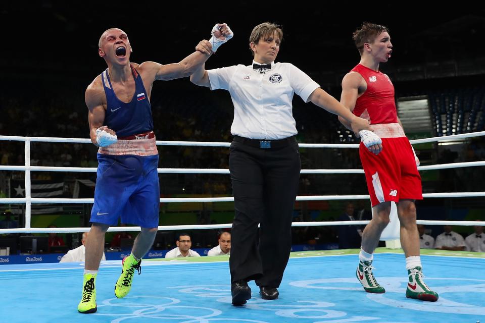 Vladimir Nikitin exults in his victory over Michael Conlan. (Getty)