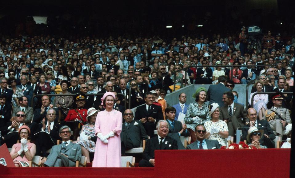 <p>Queen Elizabeth and the Duke of Edinburgh attend the opening ceremony of the Summer Olympic Games in Montreal in 1976.</p>