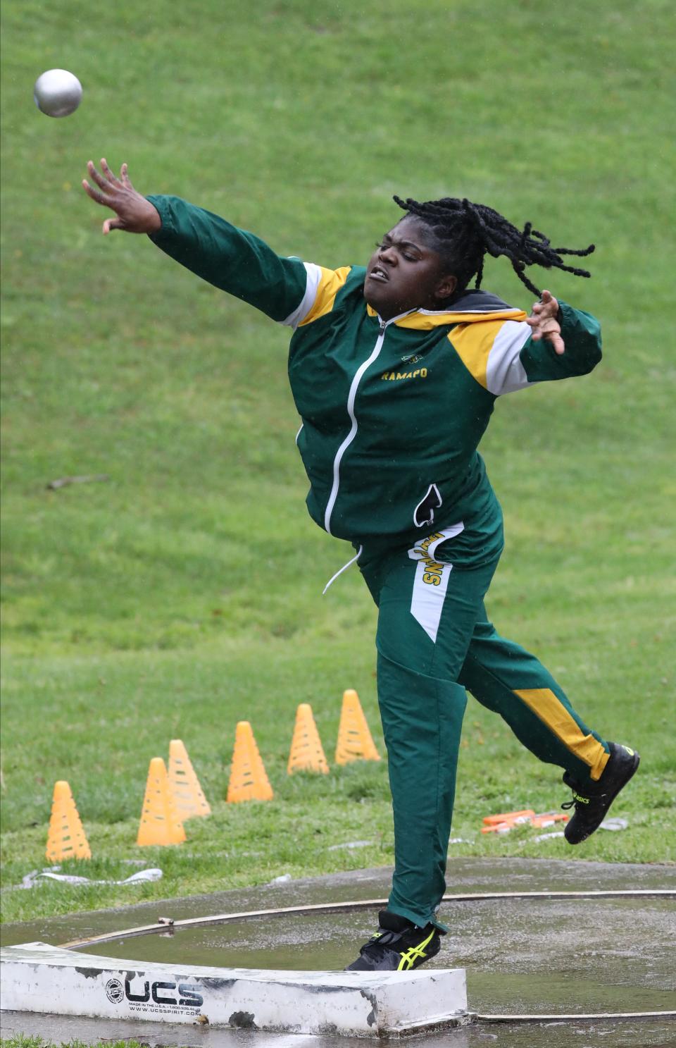 Ramapo's Ashlee Lupin lets the shot put fly Athletes during the Gold Rush Invitational Track & Field meet at Clarkstown South High School in West Nyack, April 29, 2023. She finished seventh out of 21 girls varsity throwers in the event.