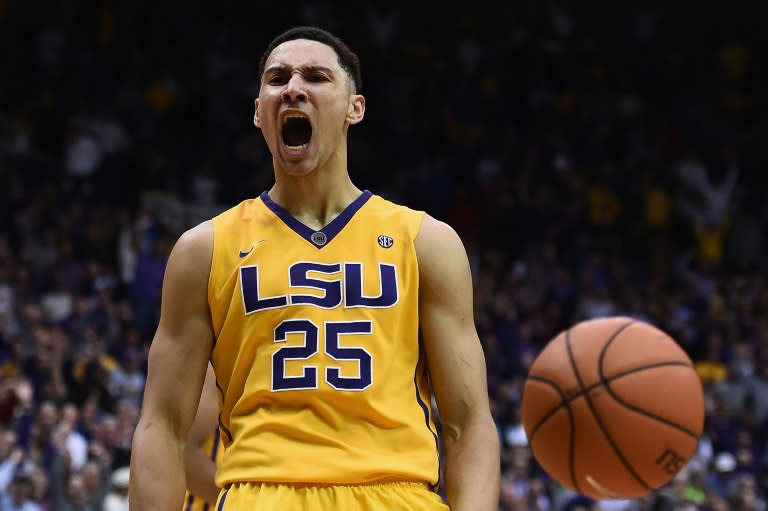 Ben Simmons of the LSU Tigers reacts to a dunk on January 5, 2016 in Baton Rouge, Louisiana