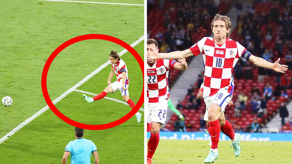 Luka Modric (pictured left) shooting and (pictured right) celebrating his goal for Croatia.