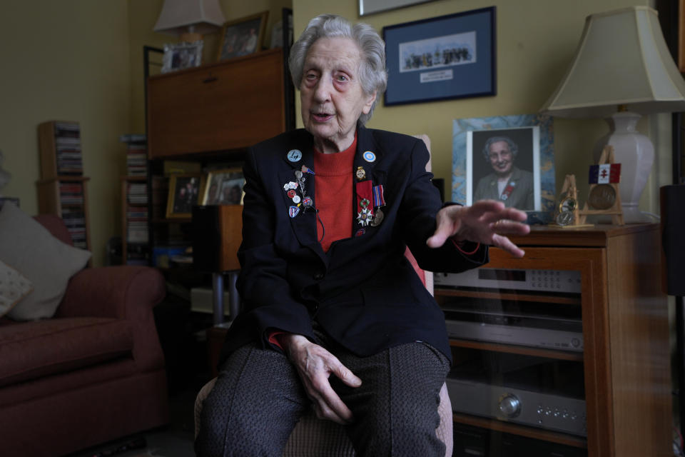 Marie Scott who was a serving Wren and switchboard operator at the time of D-Day, at her home in London, Thursday, April 25, 2024. D-Day, took place on June 6, 1944, the invasion of the beaches at Normandy in France by Alied forces during World War II. (AP Photo/Kirsty Wigglesworth)