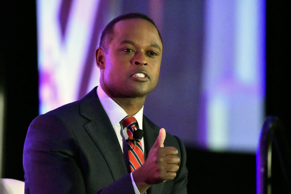 Kentucky Attorney General Daniel Cameron responds to a question from the moderator during the Gubernatorial Forum at the 2023 Kentucky Chamber of Commerce annual meeting dinner in Louisville, Ky., Wednesday, Sept. 20, 2023. (AP Photo/Timothy D. Easley)