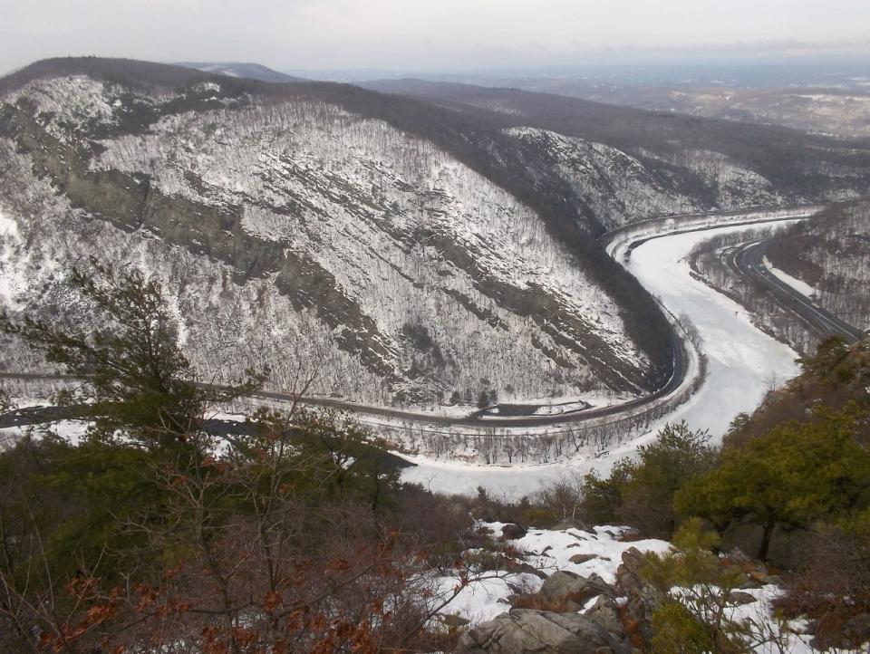 A winter view of the Delaware Water Gap. The area is home to a stretch of the Delaware River as well as the Delaware Water Gap National Recreation Area, which spans areas of the Poconos in Pennsylvania and northwest New Jersey.