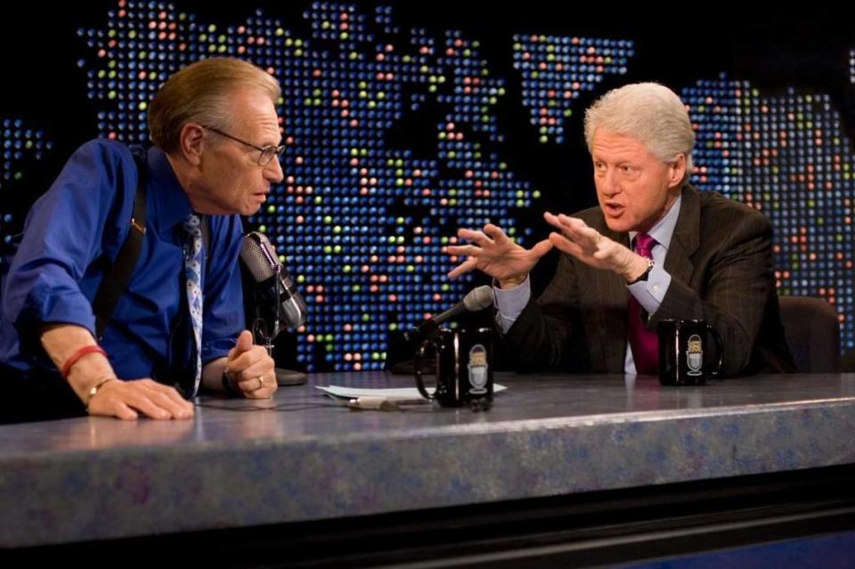 FILE - In this April 19, 2007, file photo supplied by CNN, Larry King interviews former President Bill Clinton, right, on CNN's "Larry King Live," in New York. After 25 years of "Larry King Live," Larry King will hang up his suspenders with his last broadcast on Thursday, Dec. 16, 2010.