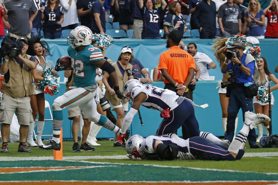 Kenyan Drake’s astonishing last-second touchdown left the Patriots flat. (Getty)