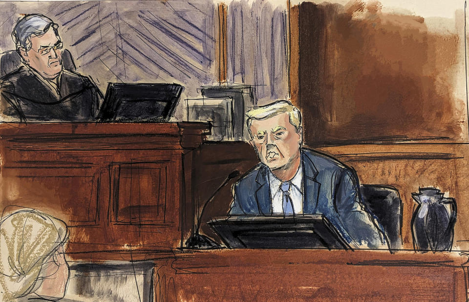 Image: Donald Trump, testifies in Federal Court, as Judge Lewis Kaplan, left, listens (Elizabeth Williams via AP)