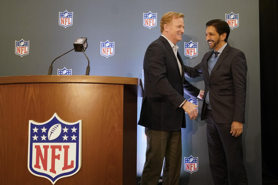 NFL Commisoner Roger Goodell, left, and the Mayor of Sao Paulo, Brazil, Ricardo Nunes smile during introductions for a news conference at the NFL owners meeting in Irving, Texas, Wednesday, Dec. 13, 2023. The NFL announced that a regular season game will be played in Sao Paulo. (AP Photo/LM Otero)