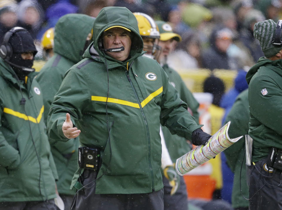 Green Bay Packers head coach Mike McCarthy reacts to a call made on the field during the second half of an NFL football game against the Arizona Cardinals, Sunday, Dec. 2, 2018, in Green Bay, Wis. McCarthy was fired as head coach following the game. (AP Photo/Jeffrey Phelps)