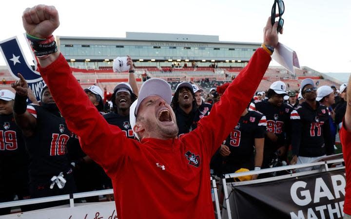 Scotty Walden celebrates as Austin Peay defeated Central Arkansas 14-12 to win the United Athletic Conference Championship