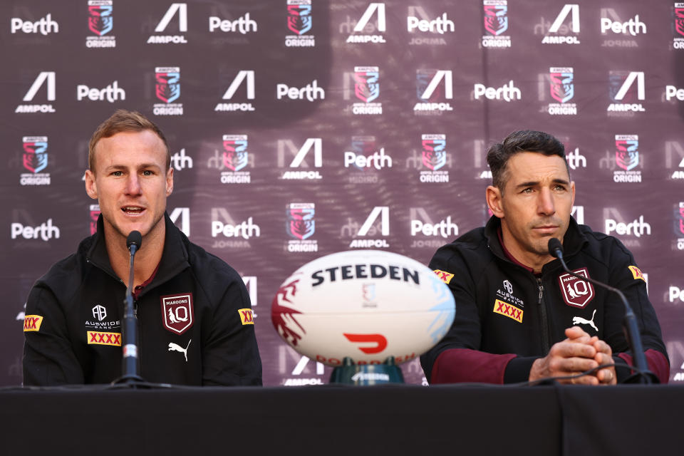 Pictured left to right, Maroons captain and coach Daly Cherry-Evans and Billy Slater, speak to the media during the 2022 State of Origin series. 