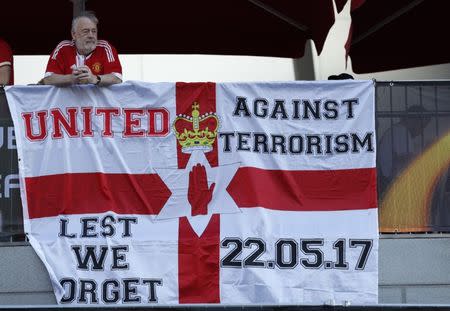 Football Soccer - Ajax Amsterdam v Manchester United - UEFA Europa League Final - Friends Arena, Solna, Stockholm, Sweden - 24/5/17 Manchester United fans display a banner in reference to the terror attack in Manchester before the match Reuters / Lee Smith Livepic