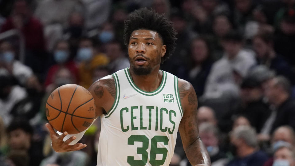 Boston Celtics guard Marcus Smart (36) during the second half of an NBA basketball game, Saturday, Oct. 30, 2021, in Boston. (AP Photo/Charles Krupa)