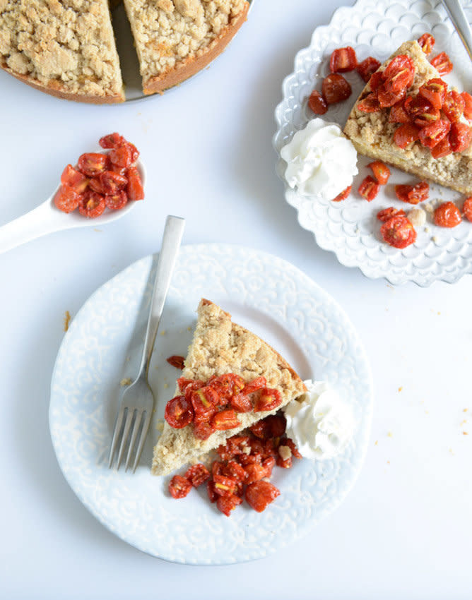 <strong>Get the <a href="http://www.howsweeteats.com/2014/06/vanilla-cornmeal-crumb-cake-with-candied-cherry-tomatoes/" target="_blank">Vanilla Cornmeal Crumb Cake with Candied Cherry Tomatoes recipe</a> from How Sweet It Is</strong>