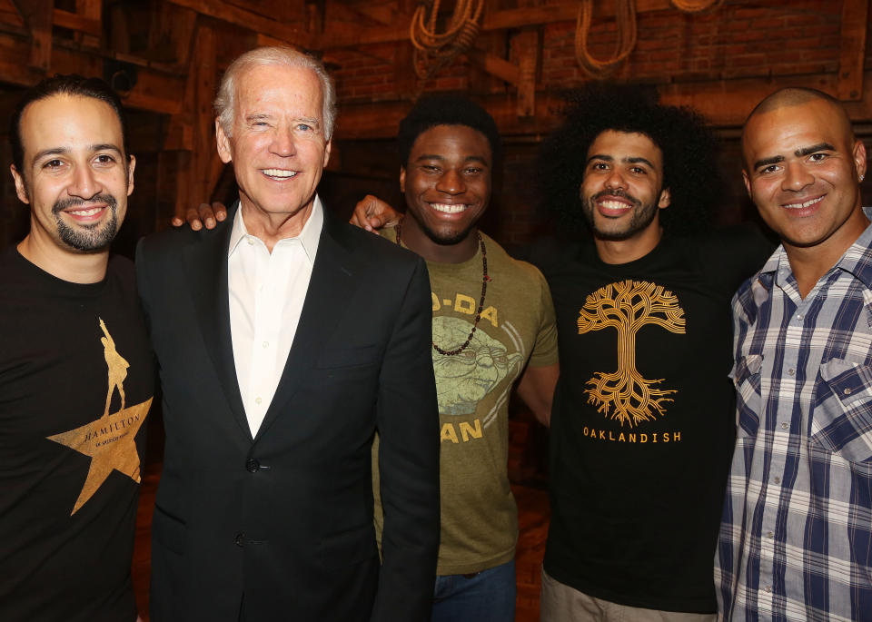 NEW YORK, NY - JULY 27:  (L-R) Lin-Manuel Miranda (plays 'Alexander Hamilton'), Vice President of the United States Joe Biden, Okieriete Onaodowan (plays 'James Madison'), Daveed Diggs (plays 'Thomas Jefferson') and Christopher Jackson (plays 'George Washington') pose backstage at the hit new musical 'Hamilton' on Broadway at The Richard Rogers Theater on July 27, 2015 in New York City.  (Photo by Bruce Glikas/FilmMagic)