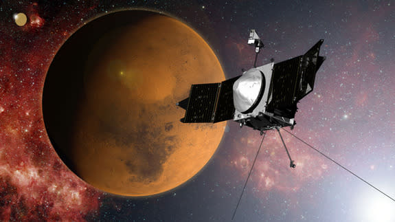 This artist concept image shows NASA's Mars Atmosphere and Volatile EvolutioN (MAVEN) spacecraft in orbit around Mars to study the planet's atmosphere like never before. The MAVEN spacecraft arrived at Mars on Sept. 21, 2014 after a 10-month jo