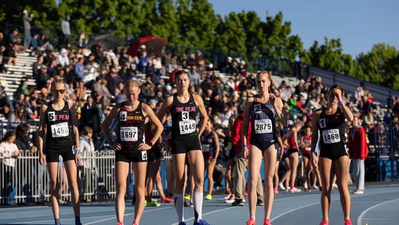 Girls wait on the line for the final section of the 1600m during the BYU Invitational at the Track and Field Complex in Provo, on Saturday May 4, 2024.