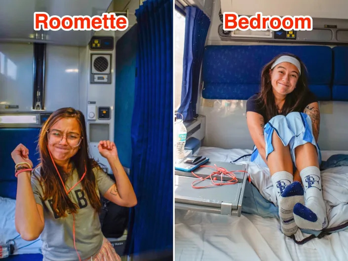 The author hanging out in a roomette (L) and a bedroom (R) on Amtrak trains