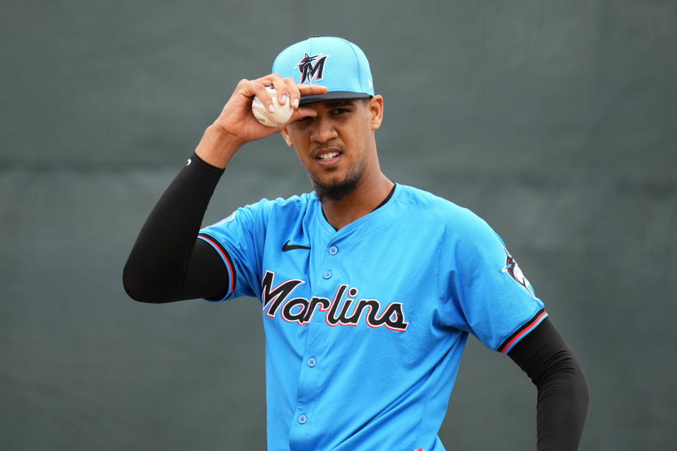 JUPITER, FLORIDA - FEBRUARY 19: Eury Pérez #39 of the Miami Marlins looks on during spring training workouts at Roger Dean Stadium on February 19, 2024 in Jupiter, Florida. (Photo by Rich Storry/Getty Images)