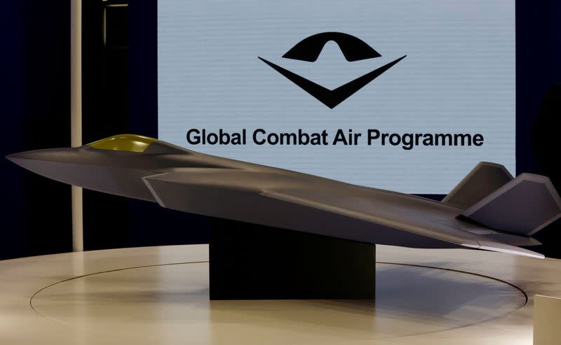 A concept model of the Global Combat Air Programme (GCAP)'s fighter jet is displayed at the DSEI Japan defense show at Makuhari Messe in Chiba