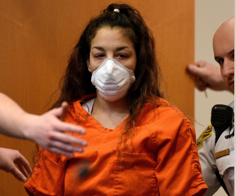 Kayla Montgomery arrives for her plea and sentencing hearing at Hillsborough County Superior Court in Manchester, New Hampshire