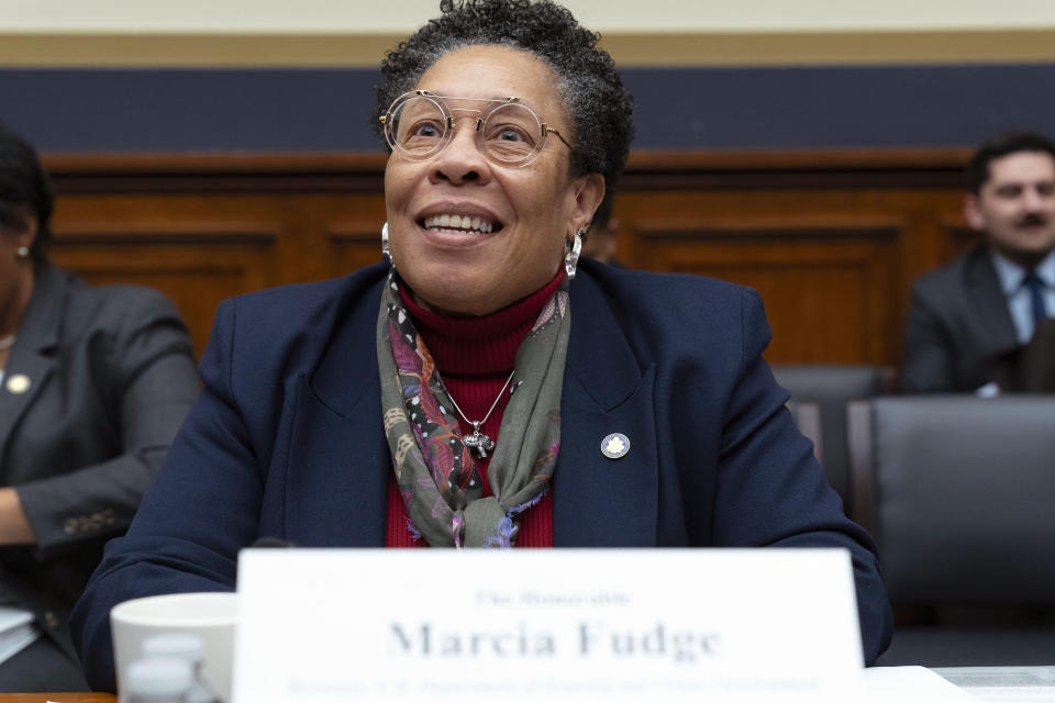 FILE - U.S. Secretary of Department of Housing and Urban Development Marcia Fudge testifies before the House Committee on Financial Services hearing on Capitol Hill, Jan. 11, 2024, in Washington. Fudge announced Monday, March 11, 2024, that she would resign her post, effective March 22, saying she was leaving “with mixed emotions.” (AP Photo/Jose Luis Magana, File)