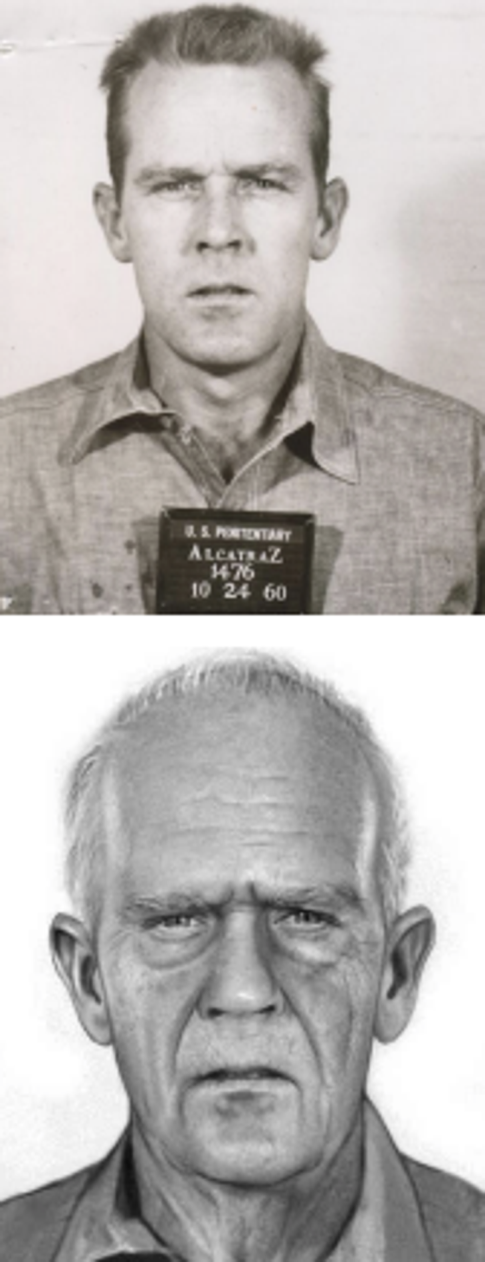 A mugshot and rendering of Clarence Anglin, part of a trio who escaped Alcatraz prison in 1962. (US Marshals Service)