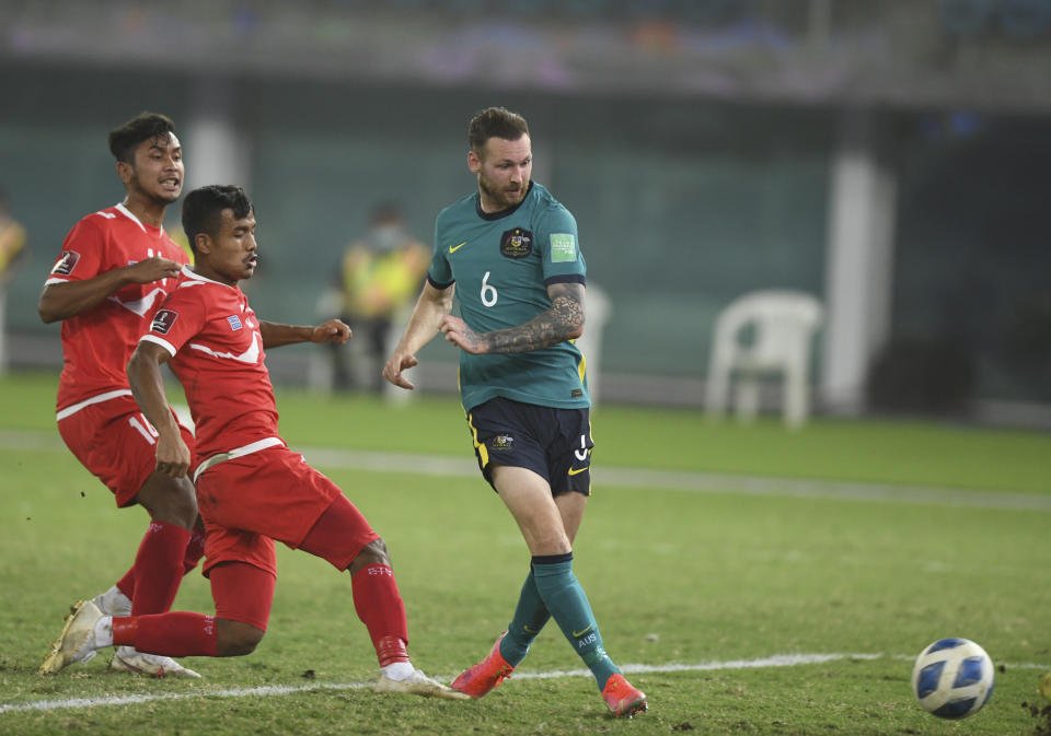 Australia's martin Boyle scores during the World Cup 2022 Group B qualifying soccer match between Nepal and Australia in Kuwait City, Kuwait, Friday. June 11, 2021. (AP Photo/Jaber Abdulkhaleg)
