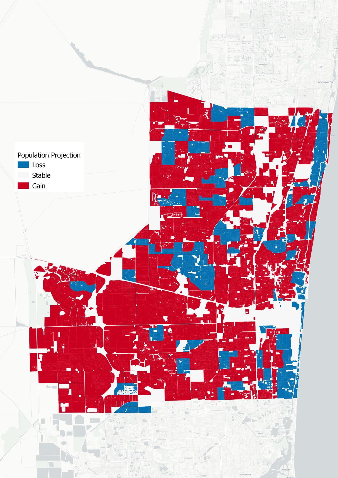 This map suggests the places in Broward County that could see population growth (in red) or decline (in blue) over the next few decades as sea level-rise induced flooding begins to affect property values.
