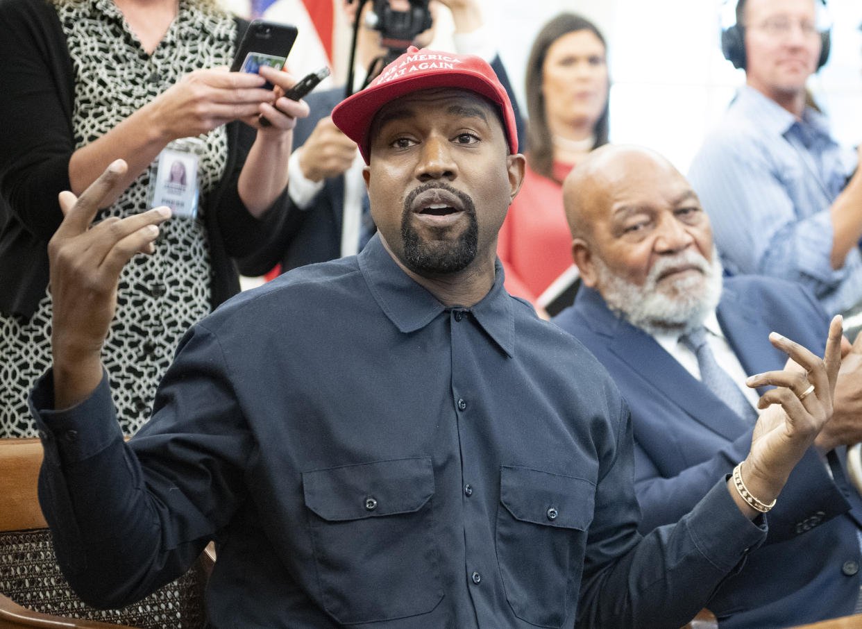 Kanye West during his meeting with President Trump. (Photo: Ron Sachs/Consolidated News Pictures/Getty Images)