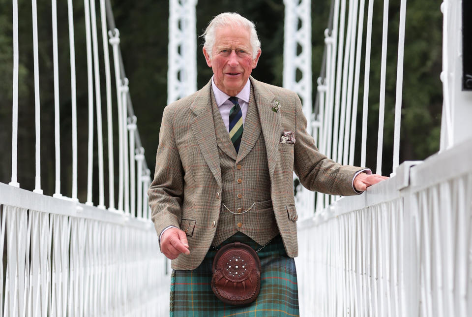 BALLATER, SCOTLAND - AUGUST 31: Prince Charles, Prince of Wales known as the Duke of Rothesay when in Scotland, visits Cambus O’May Suspension Bridge following its repair on August 31, 2021 in Ballater, Scotland. (Photo by Chris Jackson/Getty Images)