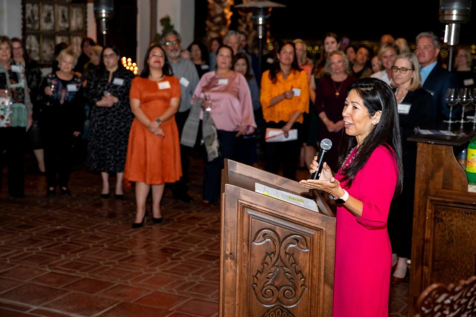 Cynthia Conroy, inaugural Board Chair of Heart Gallery of El Paso, speaks at the organization's launch event Tuesday, Nov. 14, 2023, in El Paso.