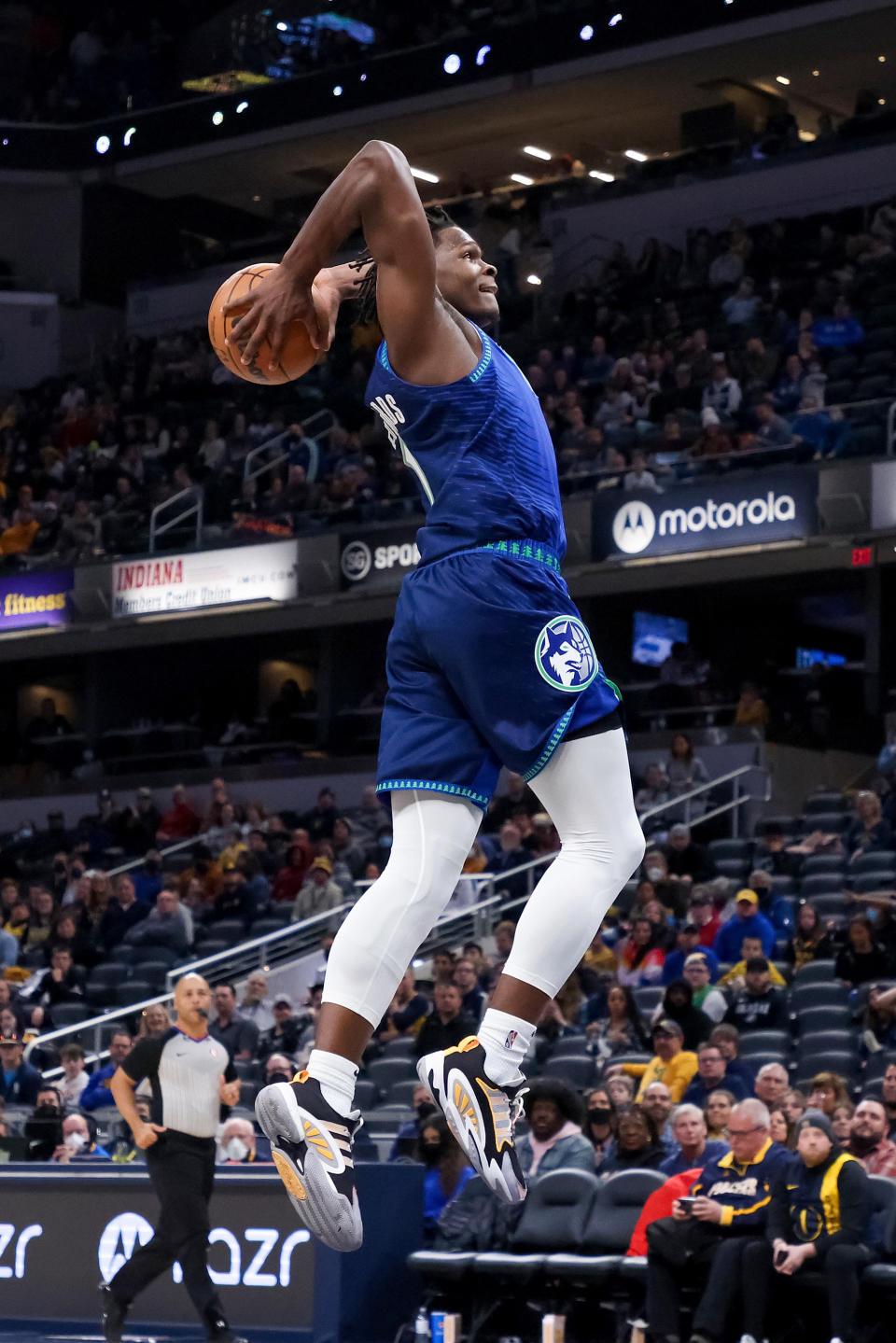 Anthony Edwards of the Minnesota Timberwolves dunks the ball in the second quarter against the Indiana Pacers at Gainbridge Fieldhouse on Feb. 13, 2022 in Indianapolis.