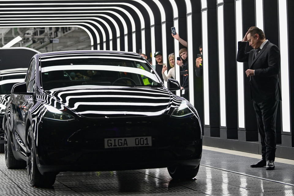 Elon Musk attends the opening of the new Tesla Gigafactory for electric cars in Gruenheide, Germany, March 22, 2022. Patrick Pleul/Pool via REUTERS