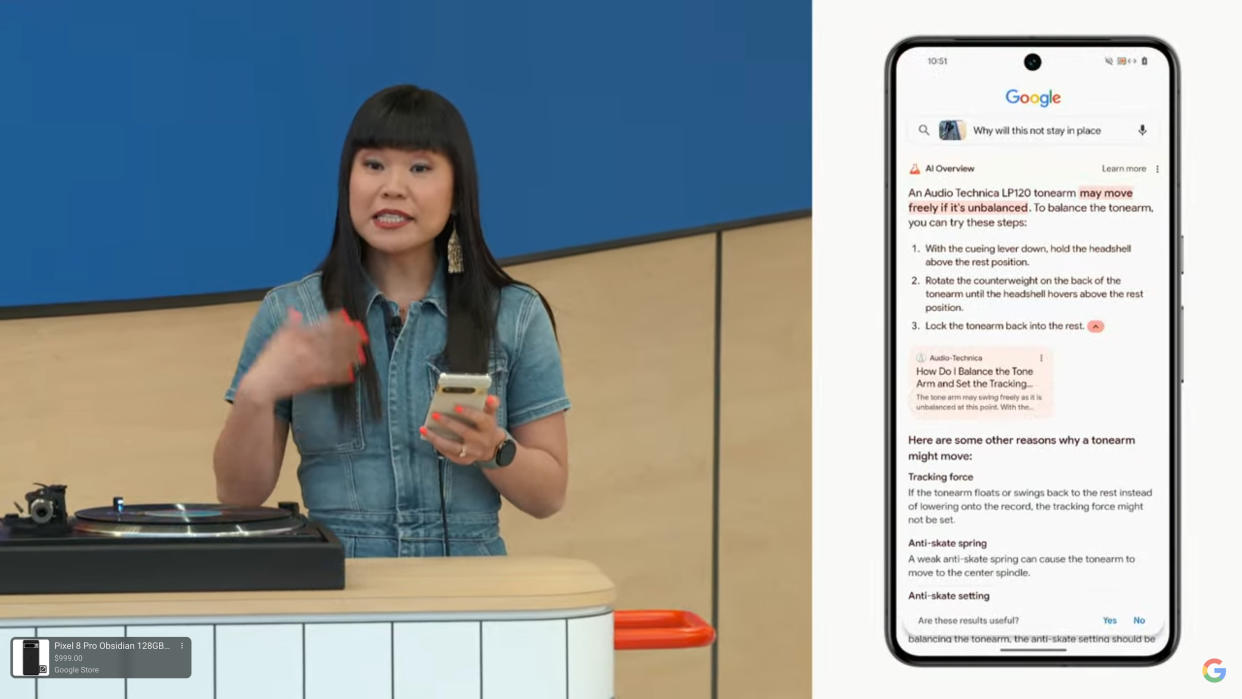  Using Google Search and camera AI to answer question about a record player at Google I/O 2024. 
