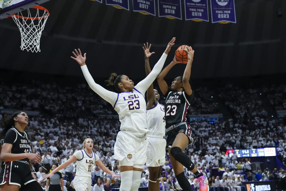 LSU center Aalyah Del Rosario (23) goes to the basket against LSU center Aalyah Del Rosario (23) in the second half of an NCAA college basketball game in Baton Rouge, La., Thursday, Jan. 25, 2024. South Carolina won 76-70. (AP Photo/Gerald Herbert)