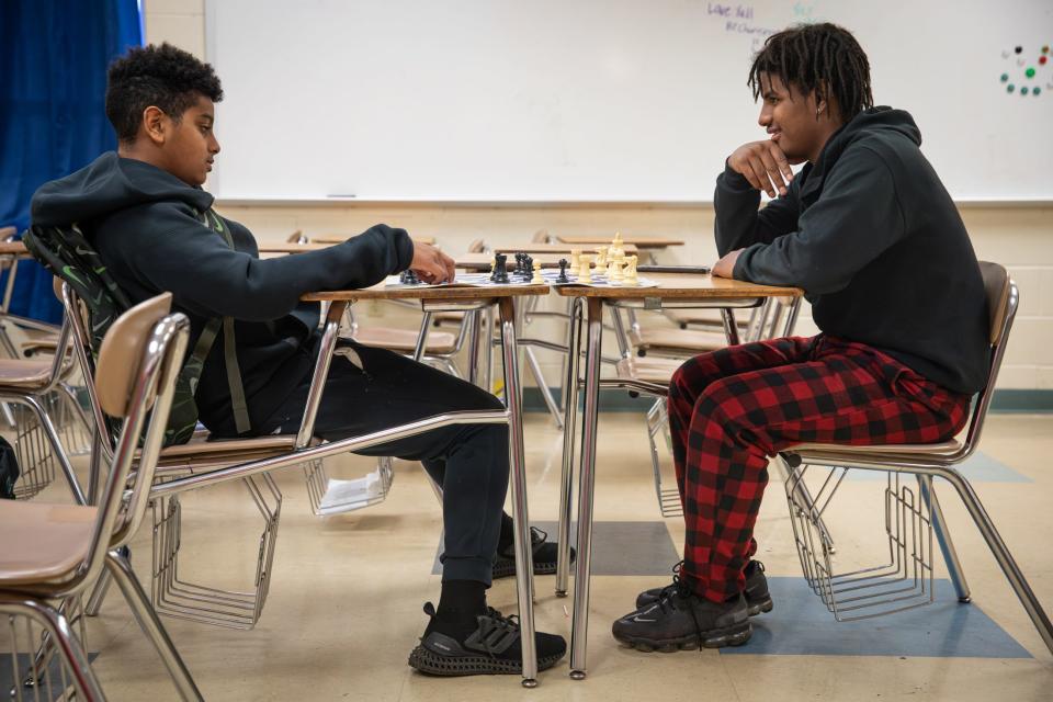 Eight grade students Ayden Rivas, left, and Rico Garcia play chess at Chess Club during a voluntary half-day at John S. Gillett Middle School on Friday, Feb. 9, 2024, in Kingsville, Texas.